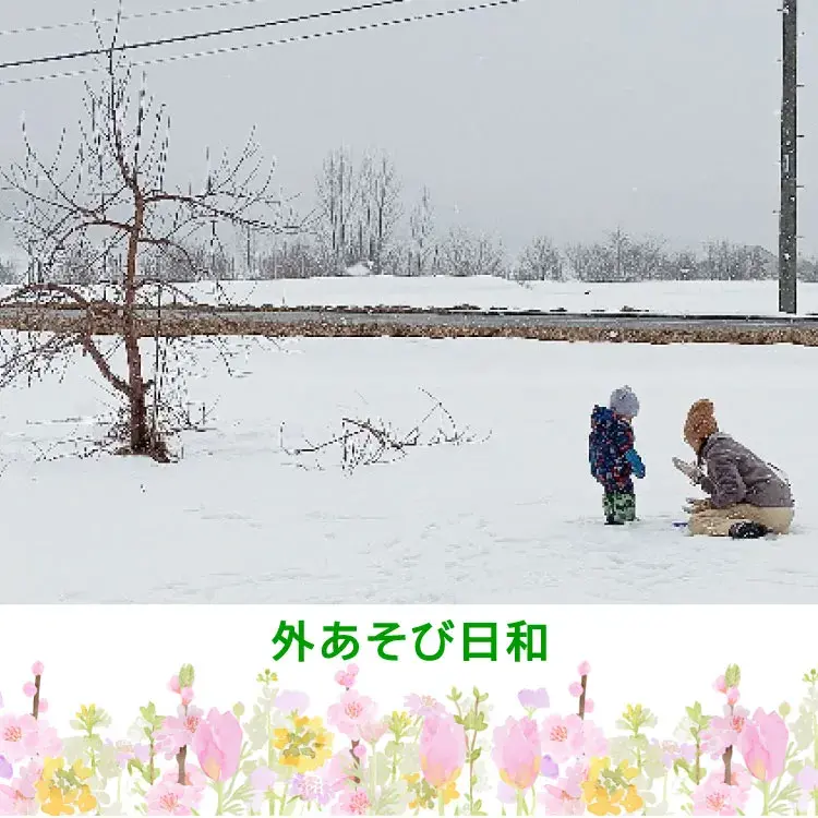 りんご畑の雪の上で